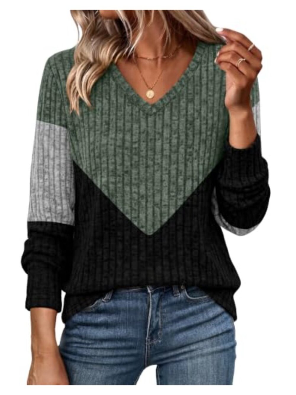 WIHOLL Womens Ribbed Knit V-Neck Tunic Sweater Long Sleeve Lightweight Pullover